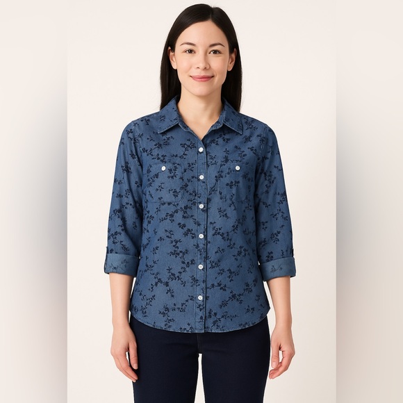 croft & barrow Tops - Croft & Barrow Blue Casual Button Down Shirt velvet Floral collegiate academia